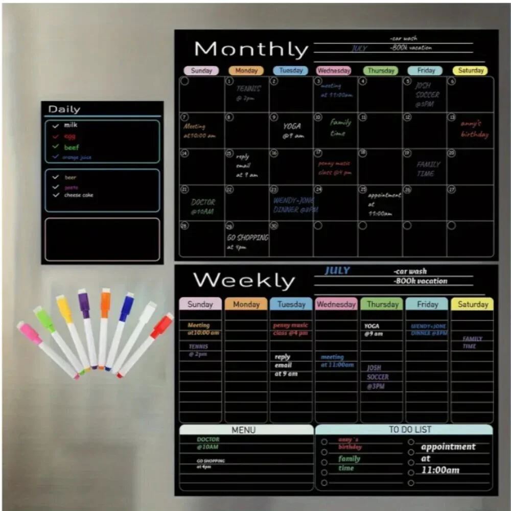 Magnetic Dry Erase Boards Calendar Planner 3 Pack Black with 8 Markers Style 2